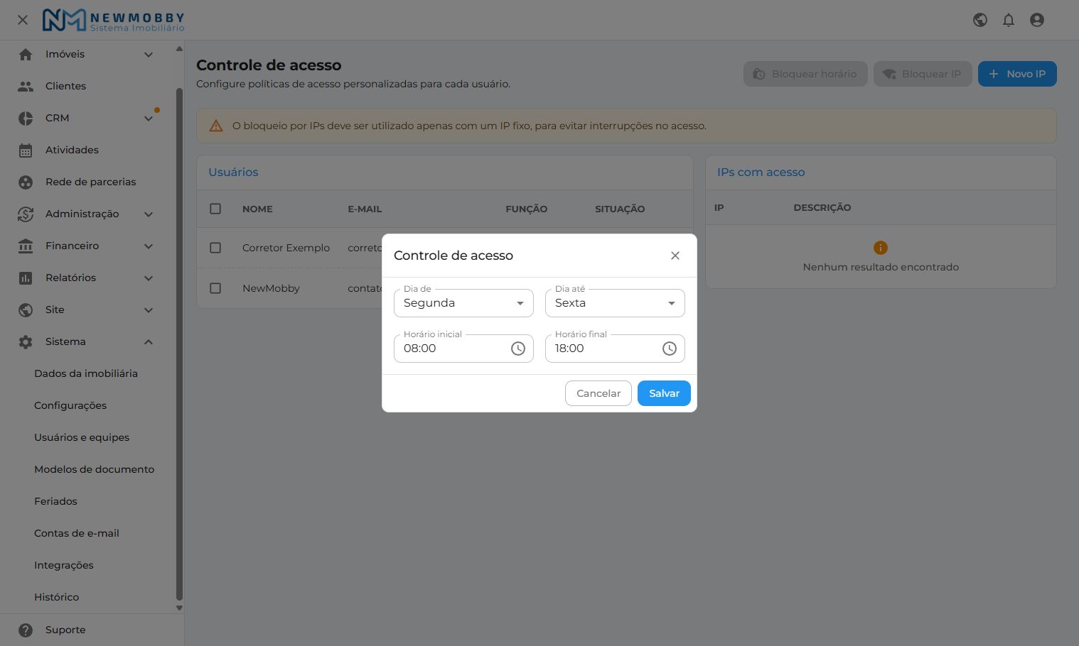 Tela demonstrativa do sistema