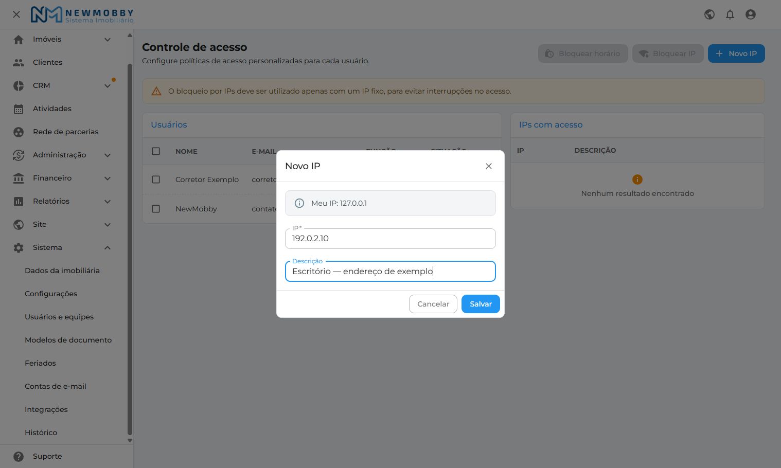 Tela demonstrativa do sistema