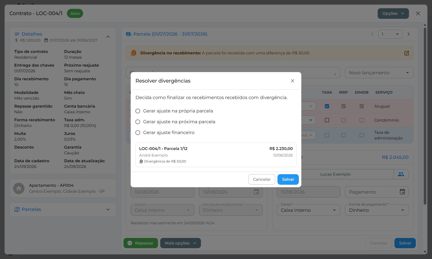 Opções para resolver uma diferença de R$ 50 em um recebimento fictício.