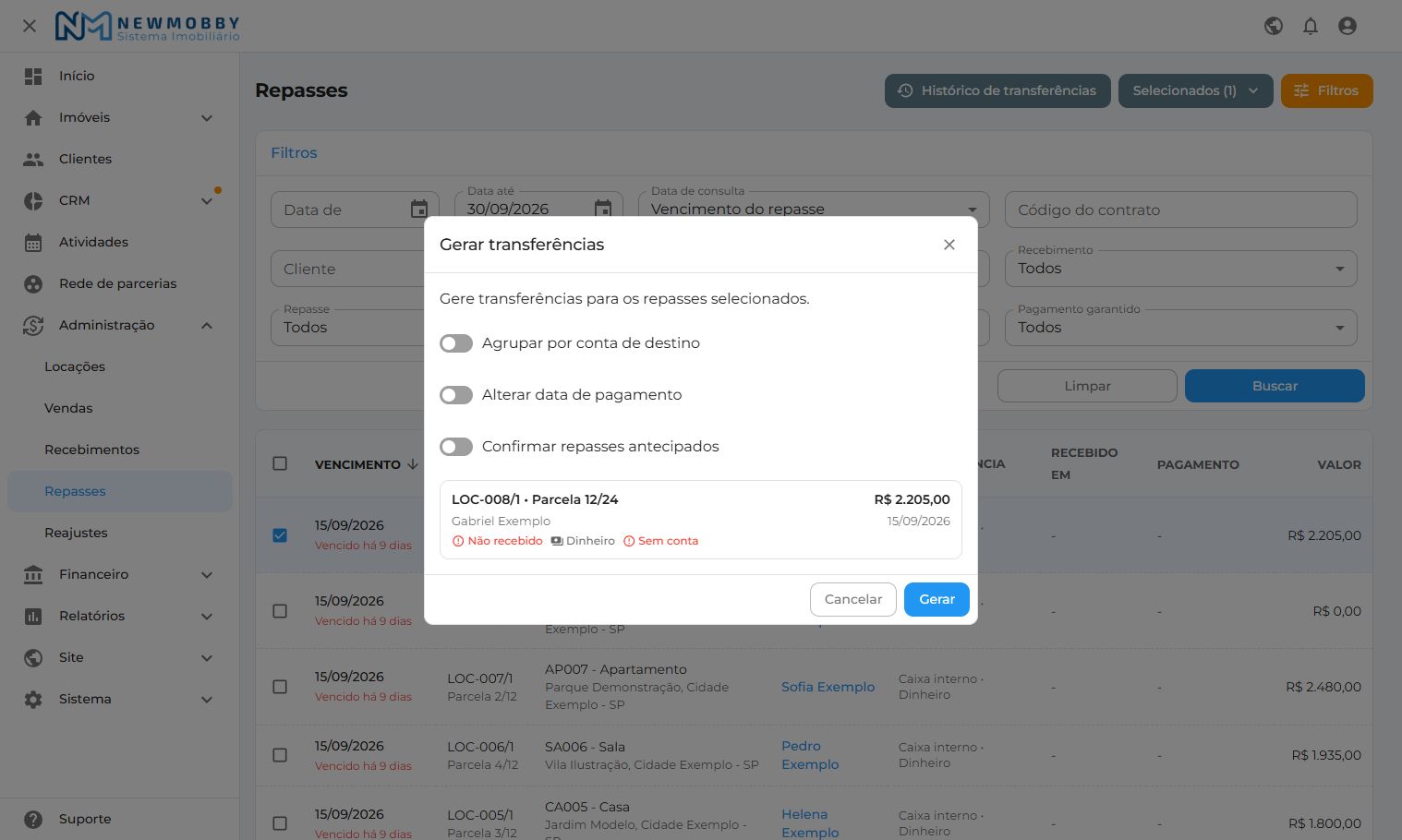 Prévia de transferência e avisos para conferência