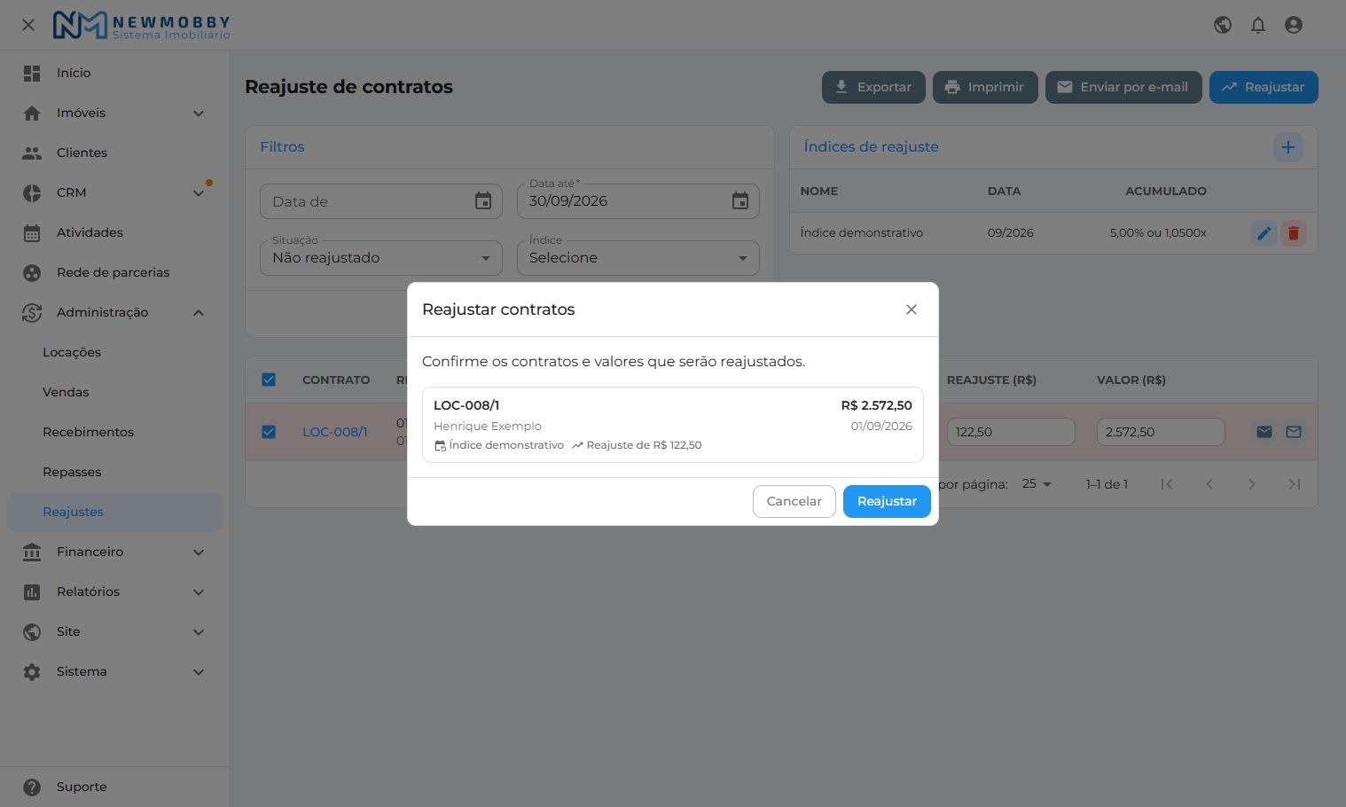 Prévia de reajuste do contrato fictício