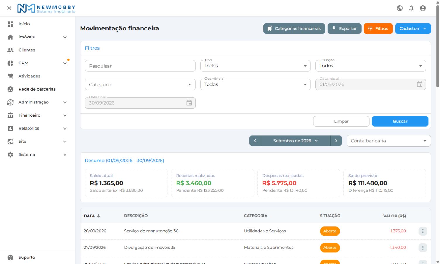 Filtros e resumo da movimentação financeira